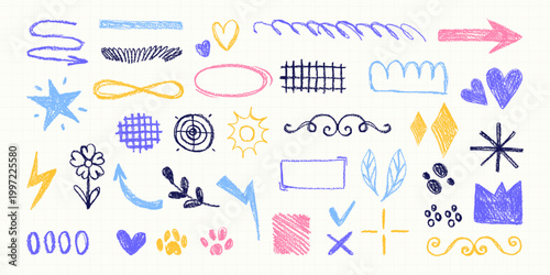 Hand Drawn Crayon Doodle Elements With Arrows Stars And Hearts Vector Illustration. Colorful childish scribble sketches on squared paper background. Perfect for cards, school labels and social media.