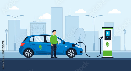 Man charging electric car at city charging station, sustainable transport concept