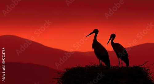 Silhouette of Two Storks in a Nest Against a Red Sunset Sky, Representing the Visual Themes of Nature, Wildlife and Romantic Natural Landscapes