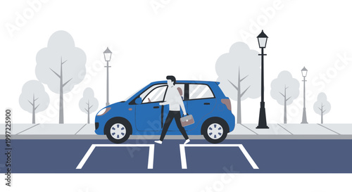 Man crossing street at crosswalk in front of blue car, urban scene