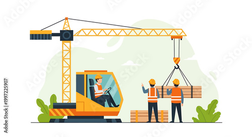 Construction workers operating a crane and lifting lumber at a site.