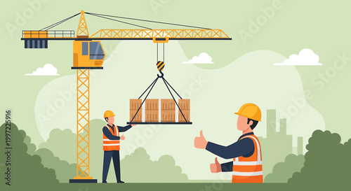 Construction workers operating a crane and lifting materials.