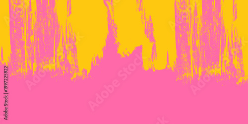 Abstract Grunge Yellow and Pink Brush Stroke Banner Background. Rough distressed paint strokes, grainy scratch lines and heavy ink splatter. Rugged texture template perfect for media, poster, banners