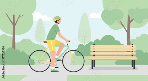 Man cycling in park with bench, healthy lifestyle, outdoor activity, summer day