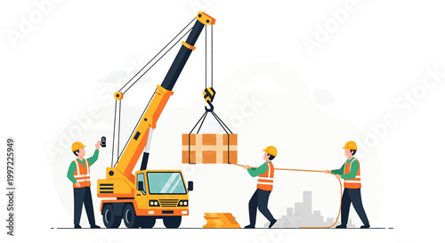 Construction workers operating a crane lifting heavy load.