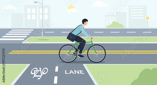Man cycling in dedicated bike lane on city street, commuting to work