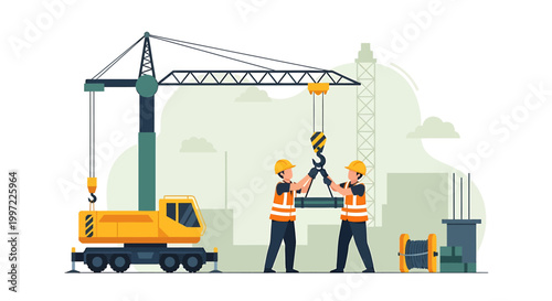 Construction workers operating a crane at a building site.