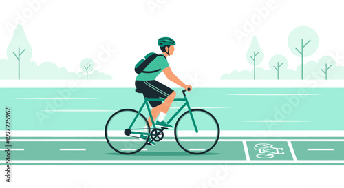 Man cycling on a dedicated bike lane next to a body of water, healthy lifestyle