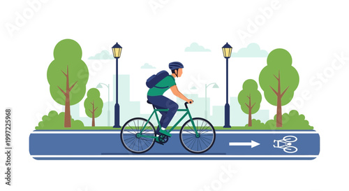 Man cycling on a dedicated bike lane in a city park with trees and lampposts