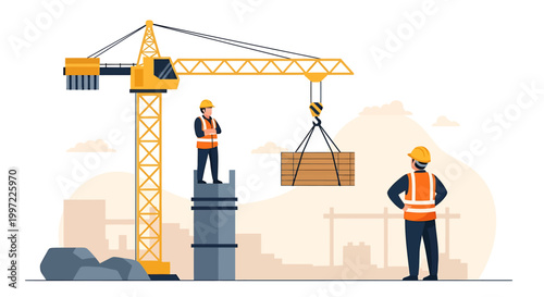Construction workers operating a crane on a building site.