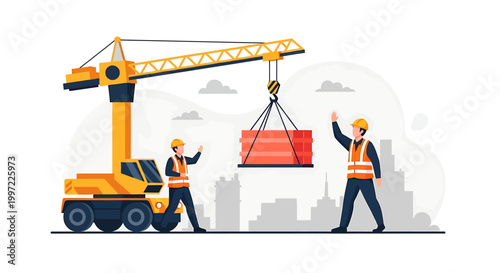 Construction workers operating a crane lifting heavy materials at a building site.