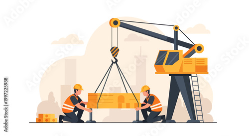Construction workers operating a crane to lift heavy materials on site.