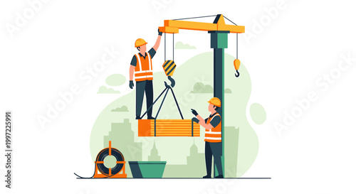 Construction workers operating a crane to lift heavy materials at a site.