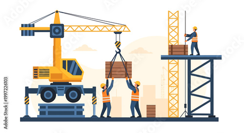 Construction workers operating crane lifting heavy wooden beams on site.