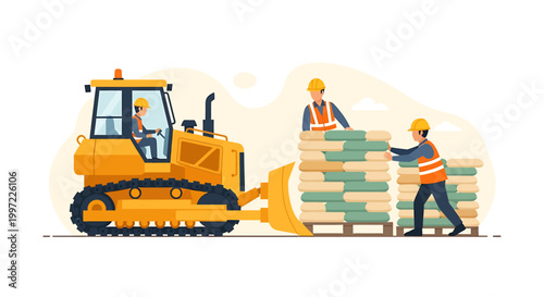 Construction workers operating heavy machinery and moving materials.