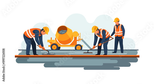 Construction workers pouring concrete with a cement mixer on a road repair site.