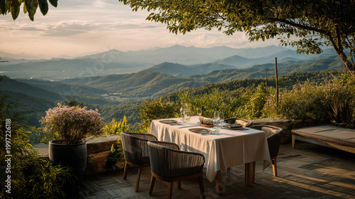 outdoor dining on hills with panoramic view, soft golden hour light