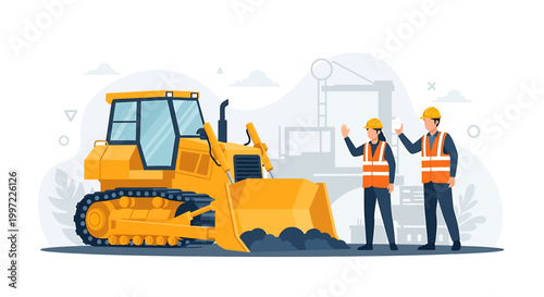 Construction workers with bulldozer on site.