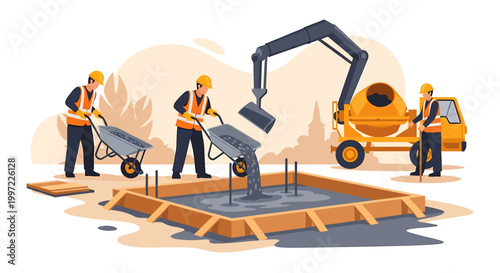 Construction workers pour concrete into foundation with excavator and mixer.