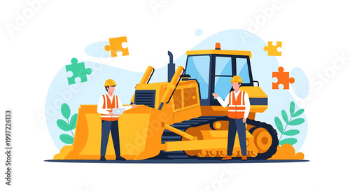 Construction workers with bulldozer and puzzle pieces.