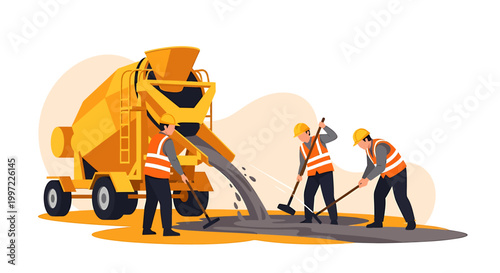 Construction workers pouring concrete from a mixer truck.