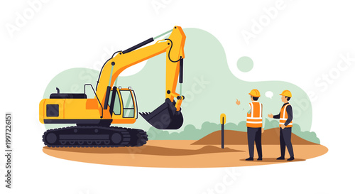Construction workers supervise excavator on site.