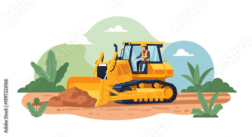 Yellow bulldozer pushing dirt on a construction site.