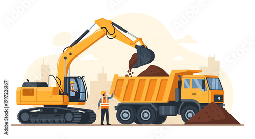 Excavator loading dirt into a dump truck at a construction site.