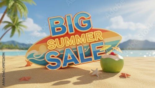 Big Summer Sale 3D text on surfboard, tropical beach background with coconut cocktail and palm trees, seasonal retail promotion banner