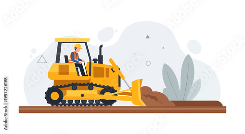 Yellow bulldozer working on a construction site pushing dirt.