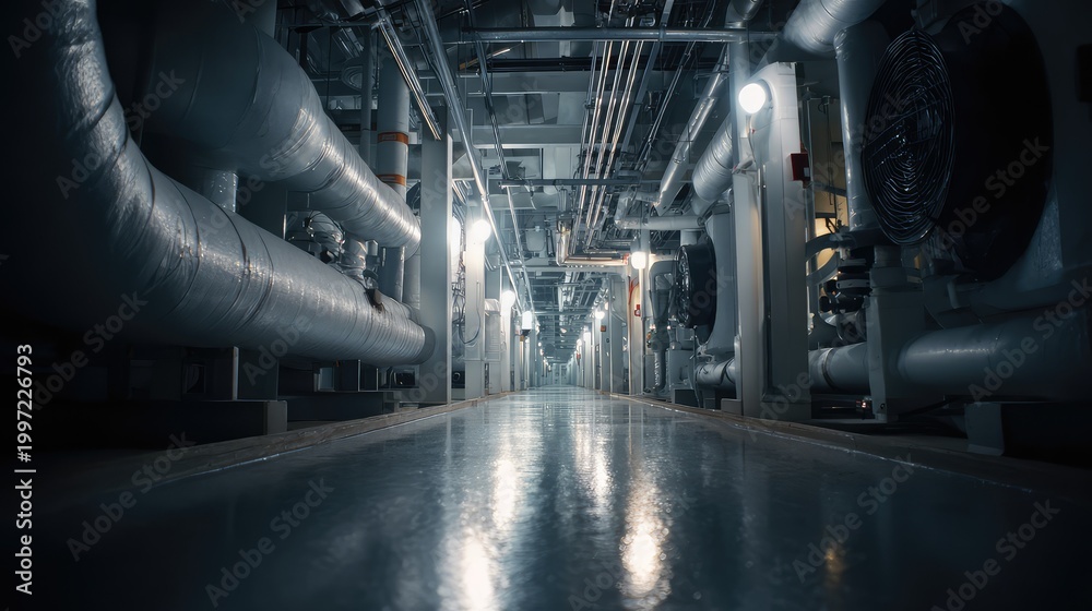 Fototapeta premium Industrial facility corridor with large pipes and machinery
