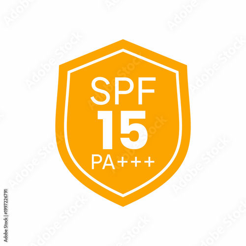 Yellow sun protection shield icon with SPF 15 and PA plus plus plus on white