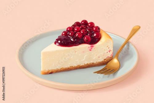 Illustration of a cheesecake slice, layered, berry compote topping, fork beside, creamy yellow and red tones, elegant style, soft peach background 