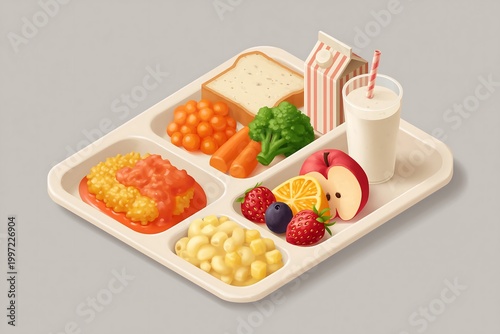 Isometric illustration of a lunch tray, compartments with main dish, side, vegetable, fruit, drink carton, 3D style, clean lines, soft warm gray background 