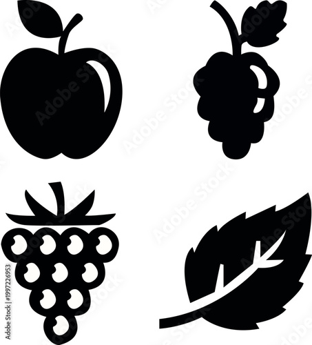 Silhouette illustrations of apple raspberry grapes and leaf on white background