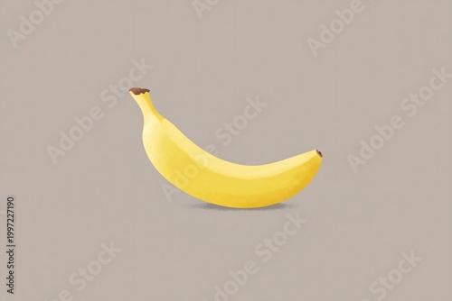 Minimalist illustration of a banana, simple curved shape, yellow skin, brown tip detail, flat design, solid warm gray background 