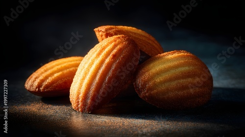Madeleine cakes on dark surface with dramatic warm lighting.