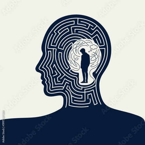 Person trapped in a maze of thoughts and depression