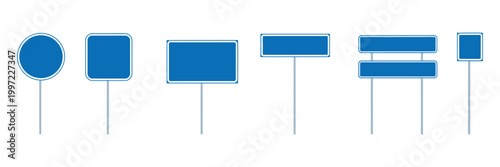 road signs icon collection with street board symbol and traffic signpost signs, direction highway symbols and blue color signage icons, clean layout ideal for transport guides, city maps