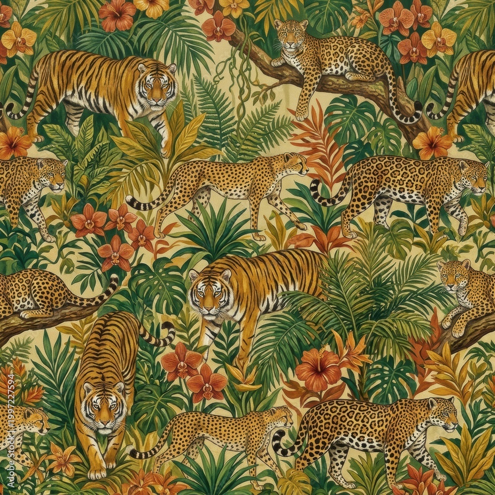 Obraz premium Big Cats Roam in a Vibrant Jungle Filled With Tropical Plants and Flowers During Daylight