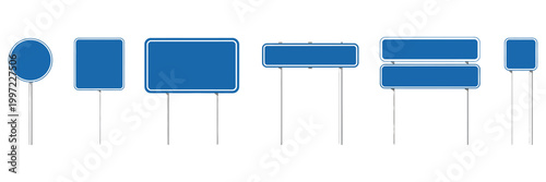 road signs icon collection with street board symbol and traffic signpost signs, direction highway symbols and blue color signage icons, clean layout ideal for transport guides, city maps