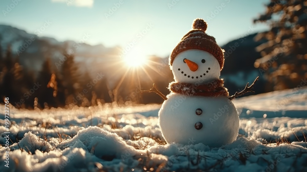 Obraz premium A festive snowman adorned with a cozy hat and scarf stands proudly on a snowy hill, basking in the warmth of sunlight and surrounded by a picturesque winter landscape.