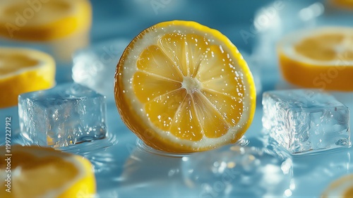 Refreshing Close-Up of a Lemon Slice with Ice Cubes, Representing the Fresh Visual Themes of Summer, Cold Drinks and Healthy Beverages