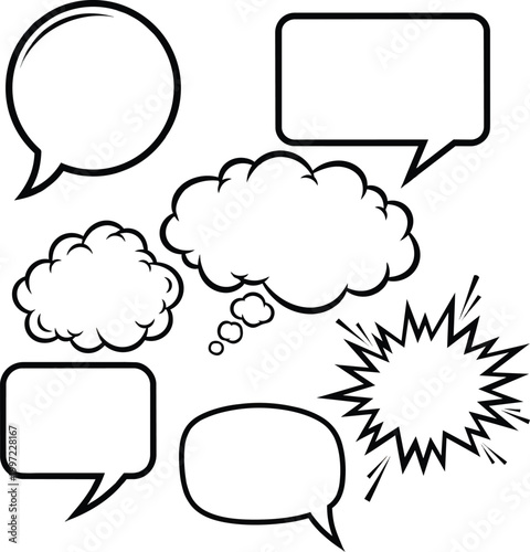 Set of six comic book speech bubbles and thought clouds with thick black outlines and white fills isolated on white background for dialogue and comic