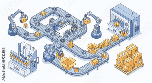 Automated Factory Production Line with Robotic Arms and Conveyor Belts.