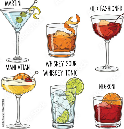 Collection of hand drawn classic alcoholic cocktails including martini whiskey sour old fashioned manhattan and negroni with garnish on a white background