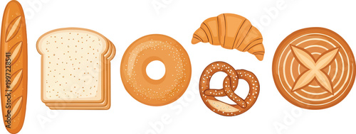 An assortment of delicious fresh bakery products including baguette sliced white bread bagel croissant pretzel and round loaf for gourmet food design