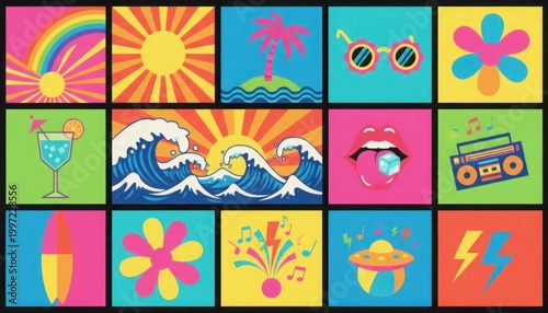 Retro summer pop art collection, vibrant 90s aesthetic stickers, colorful beach and music icons, nostalgic flat vector illustrations