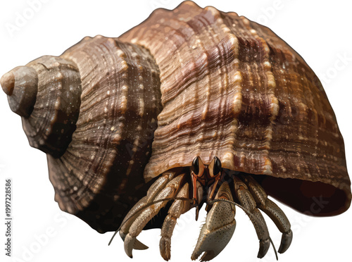 A high resolution macro photograph of a small hermit crab hiding inside a textured spiral brown sea shell isolated on a plain white studio background