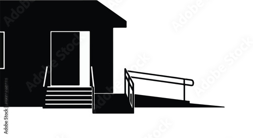 Close up of house entrance silhouette with steps and accessibility ramp, architecture detail for inclusive residential design and mobility.